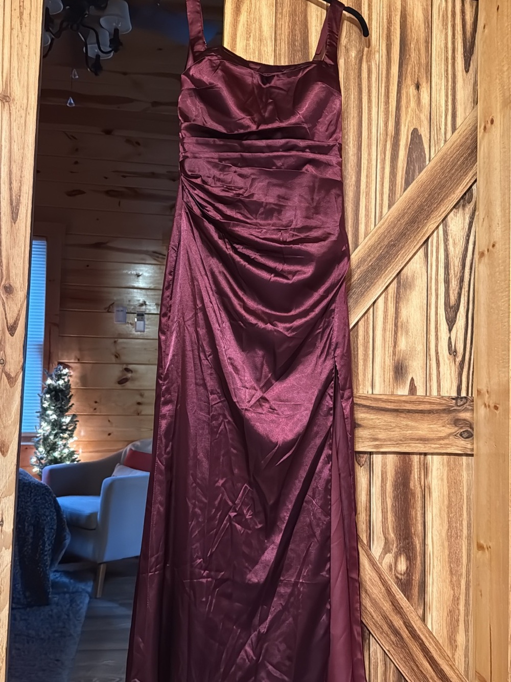 Source Unknown Burgundy Satin Evening Gown with Ruched Waist